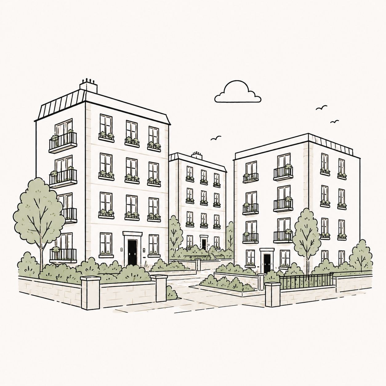 Line illustration of three low-rise blocks of flats with balconies, window boxes, trees and a walled garden, in Free The Flat's sage green and cream style.