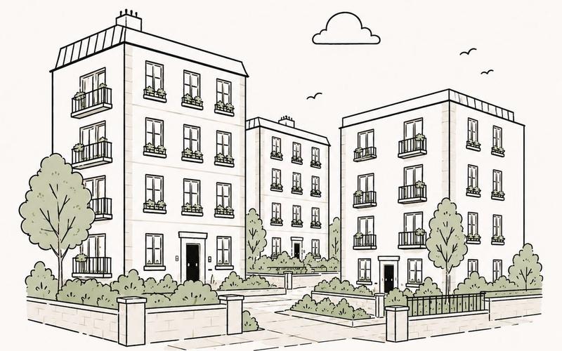 Line illustration of three low-rise blocks of flats with balconies, window boxes, trees and a walled garden, in Free The Flat's sage green and cream style.