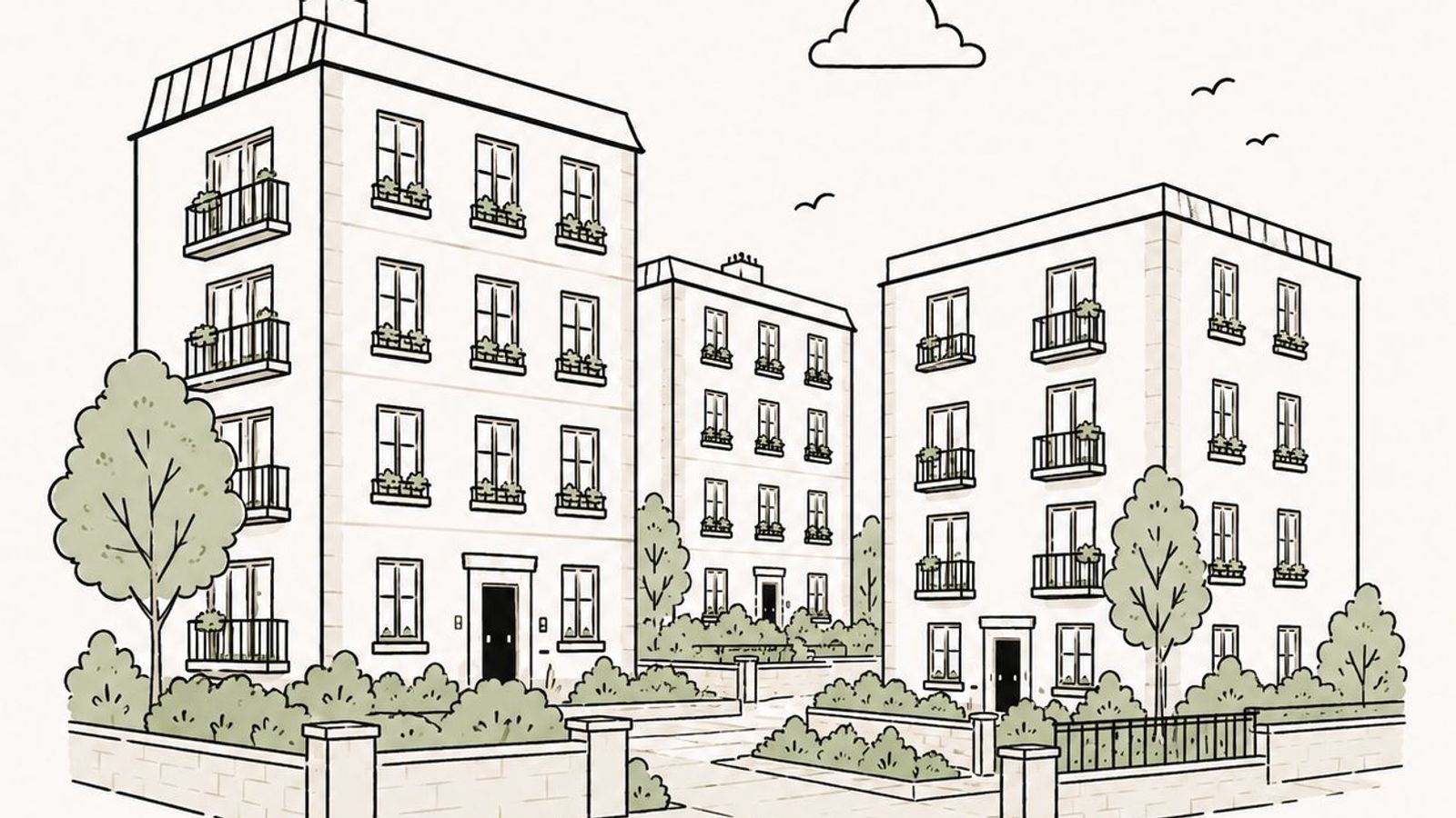 Line illustration of three low-rise blocks of flats with balconies, window boxes, trees and a walled garden, in Free The Flat's sage green and cream style.