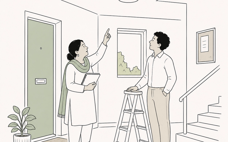 Line illustration of an RTM director pointing out a damp patch to a contractor in the communal hallway of a block of flats