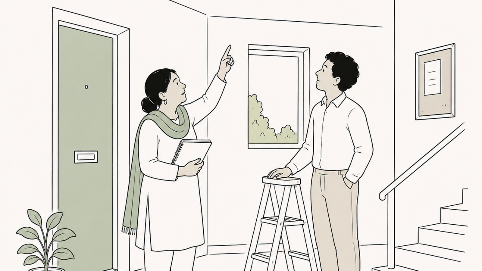Line illustration of an RTM director pointing out a damp patch to a contractor in the communal hallway of a block of flats