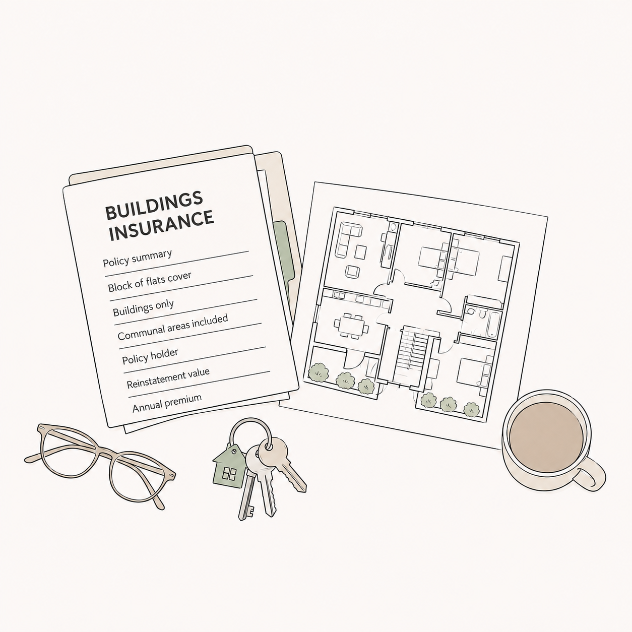 Line illustration of a buildings insurance policy, a floor plan and keys laid out on a table