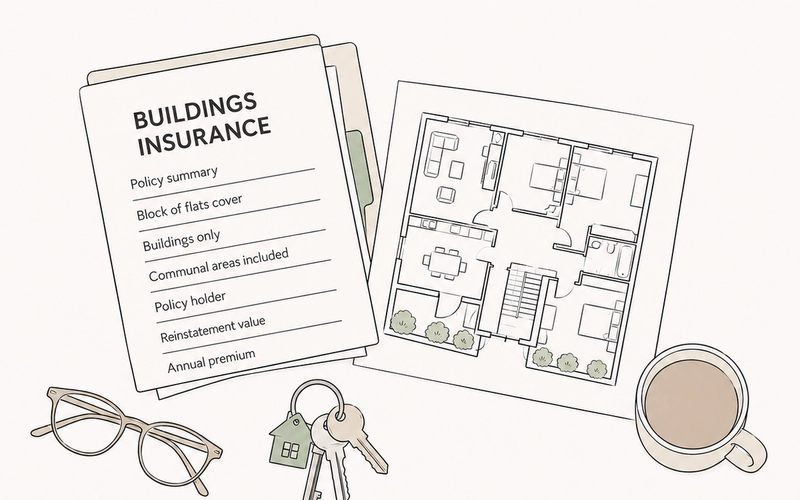 Line illustration of a buildings insurance policy, a floor plan and keys laid out on a table
