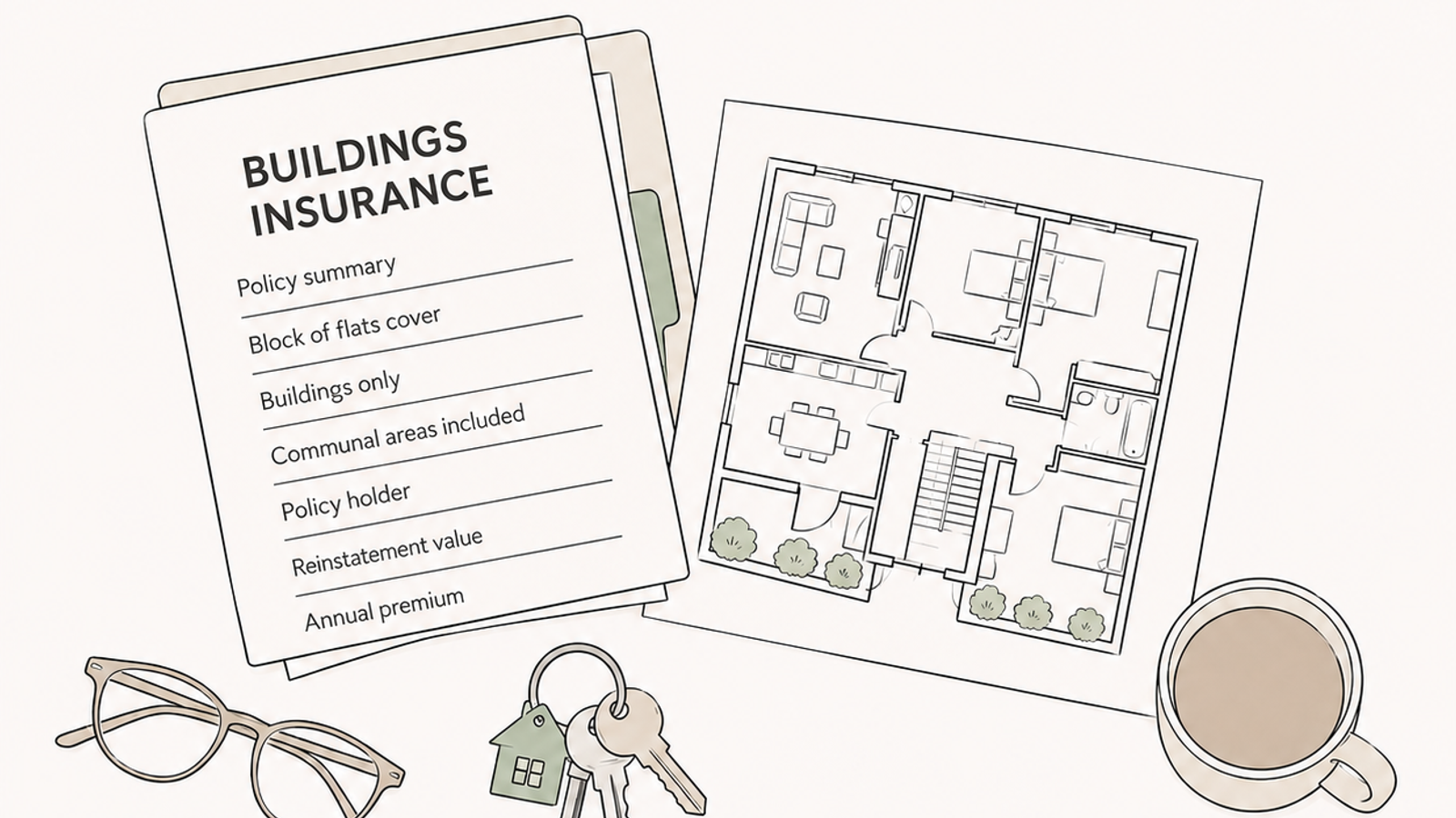Line illustration of a buildings insurance policy, a floor plan and keys laid out on a table