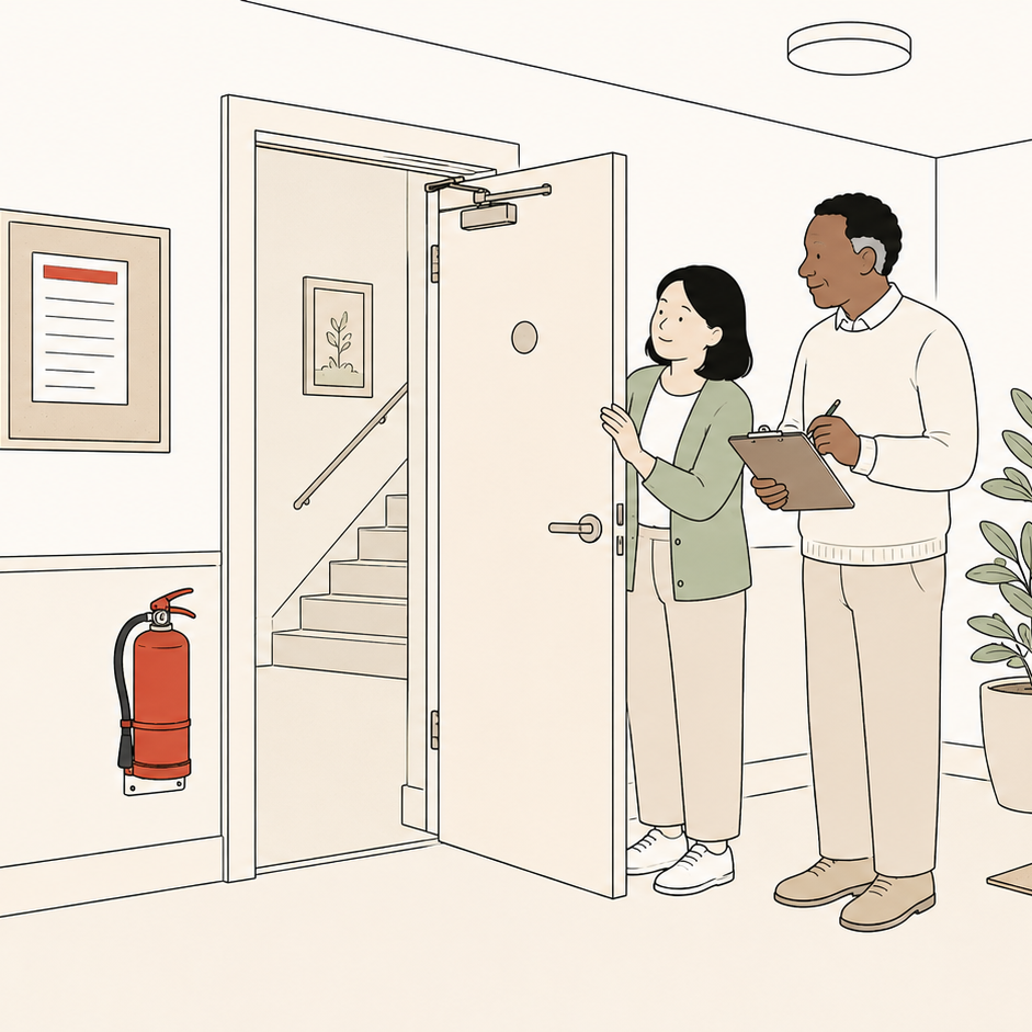 Line illustration of two residents checking that a communal fire door closes properly in the entrance lobby of a block of flats