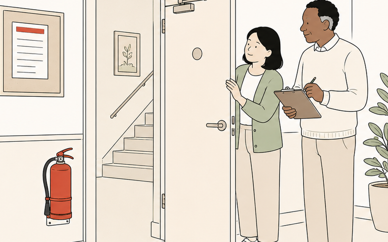 Line illustration of two residents checking that a communal fire door closes properly in the entrance lobby of a block of flats