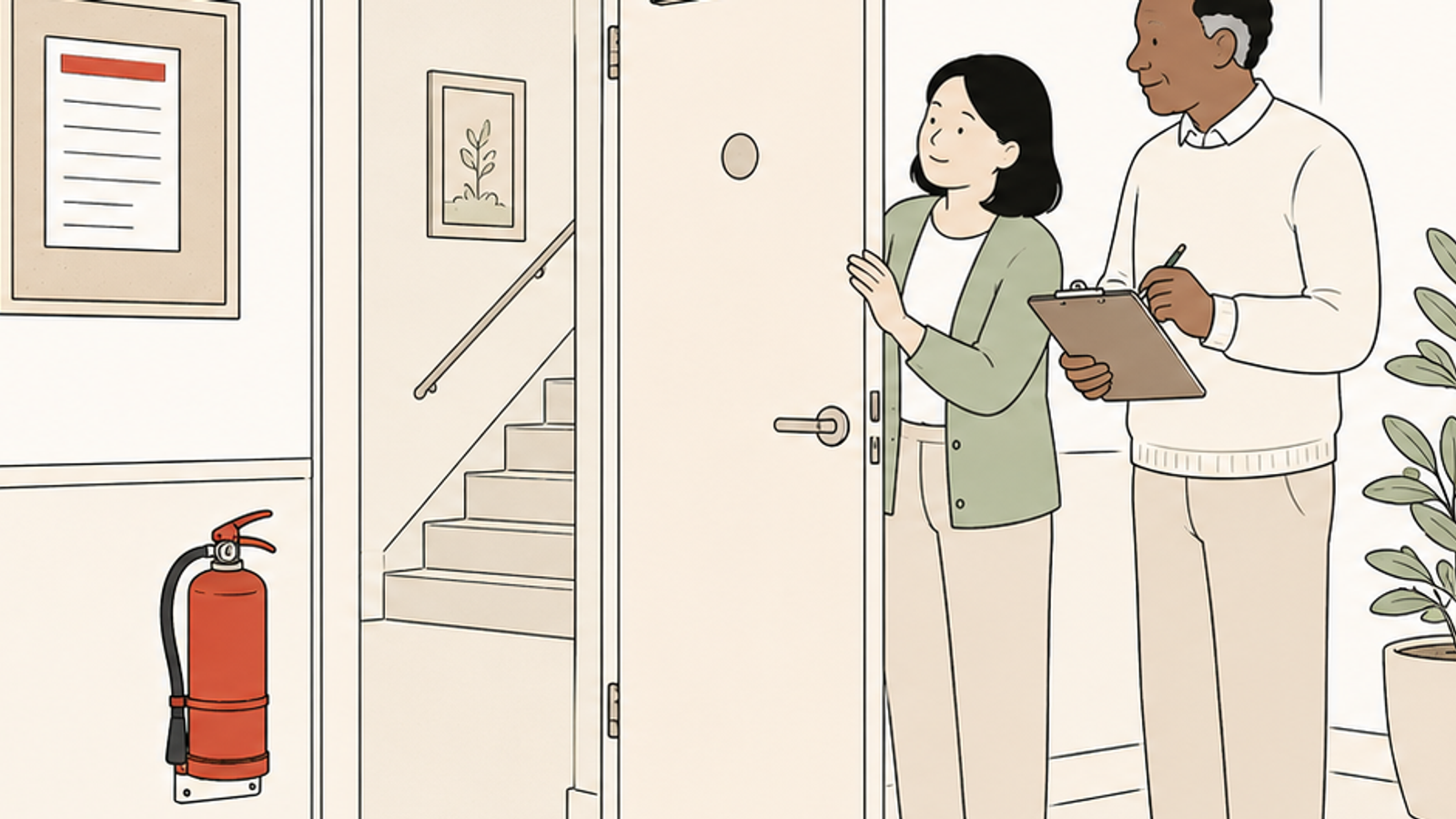 Line illustration of two residents checking that a communal fire door closes properly in the entrance lobby of a block of flats