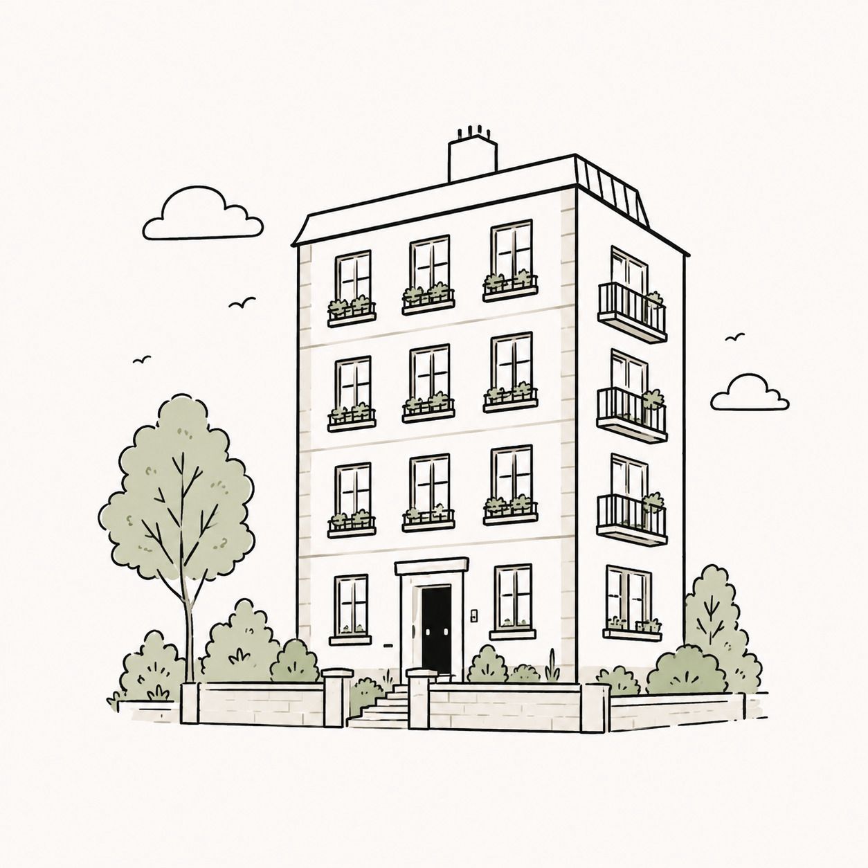 A simple line illustration of a four-storey block of flats with balconies, window boxes and trees, in Free The Flat's sage green and cream brand style.