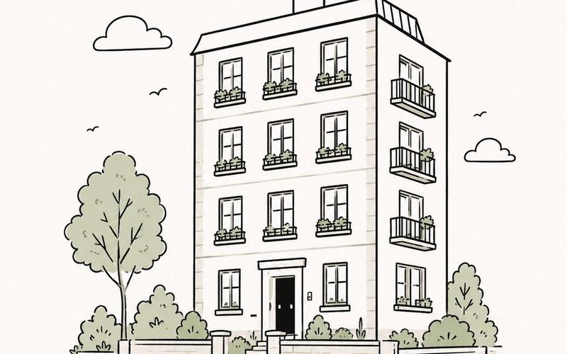 A simple line illustration of a four-storey block of flats with balconies, window boxes and trees, in Free The Flat's sage green and cream brand style.