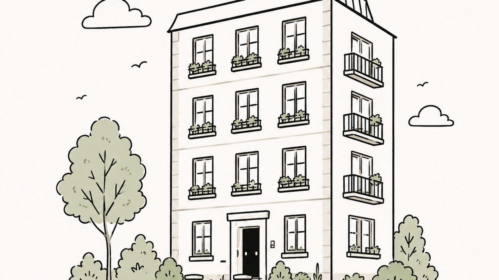A simple line illustration of a four-storey block of flats with balconies, window boxes and trees, in Free The Flat's sage green and cream brand style.