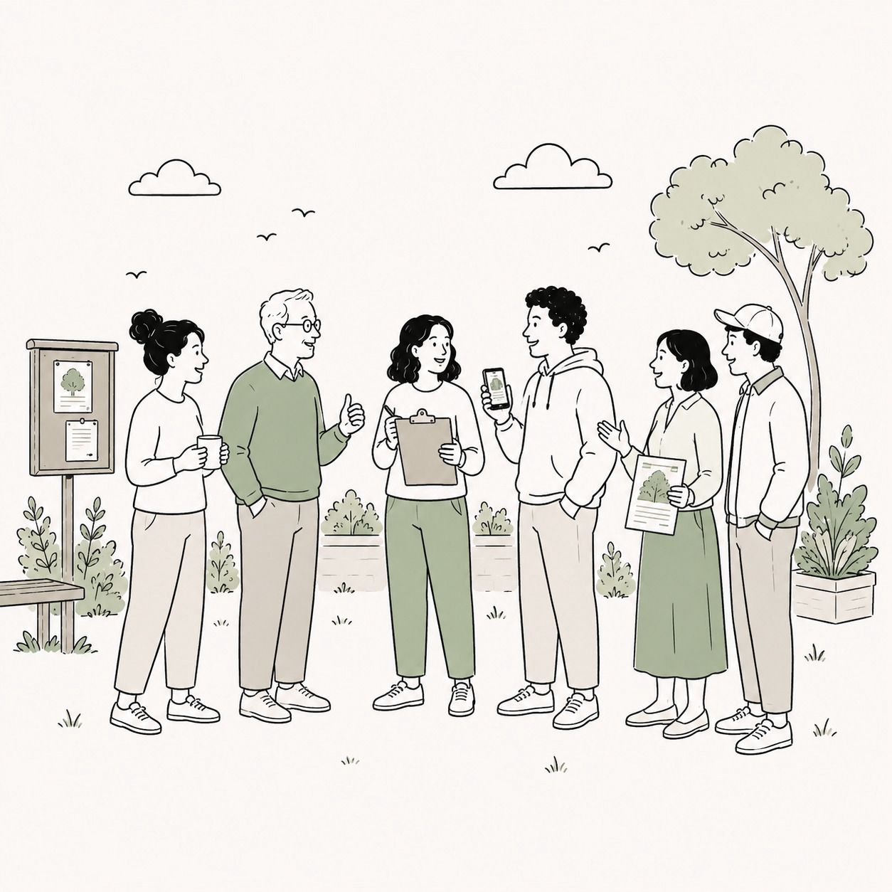A group of six neighbours standing together outdoors talking, one holding a clipboard and another showing a phone, with a community noticeboard, tree, and plants nearby.