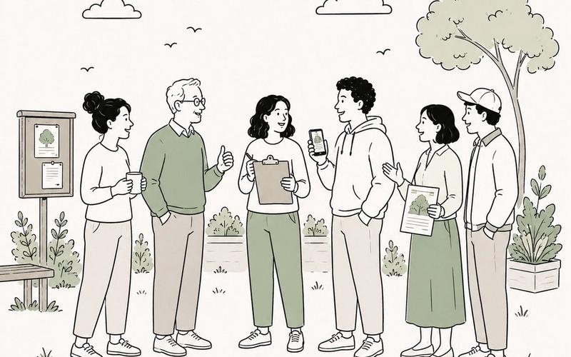 A group of six neighbours standing together outdoors talking, one holding a clipboard and another showing a phone, with a community noticeboard, tree, and plants nearby.