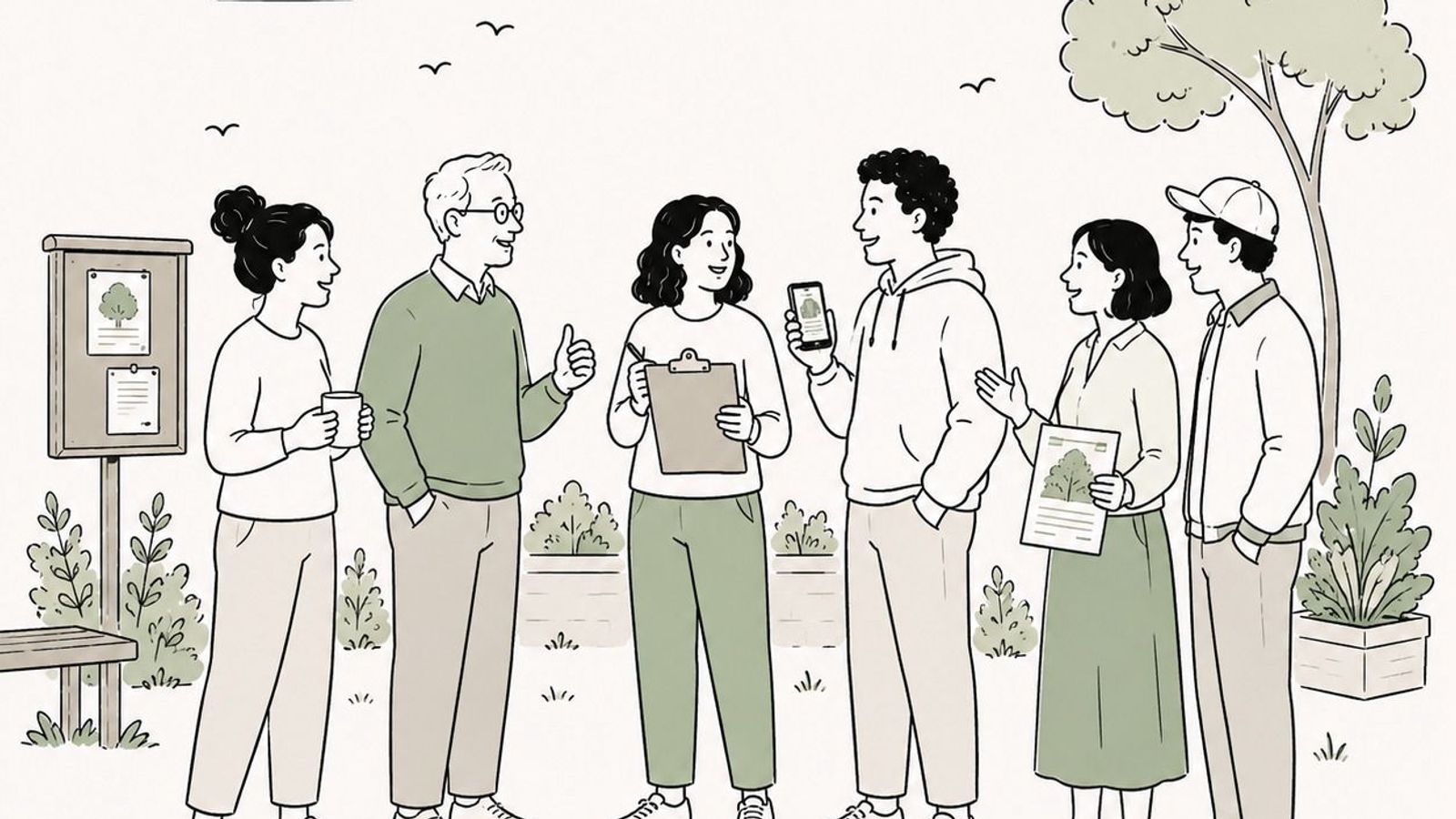 A group of six neighbours standing together outdoors talking, one holding a clipboard and another showing a phone, with a community noticeboard, tree, and plants nearby.