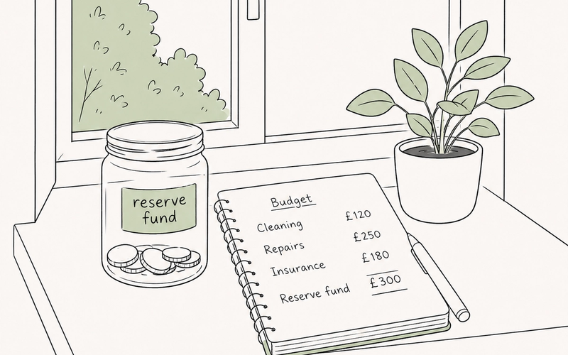 Line illustration of a service charge budget notebook and a reserve fund jar of coins on a windowsill