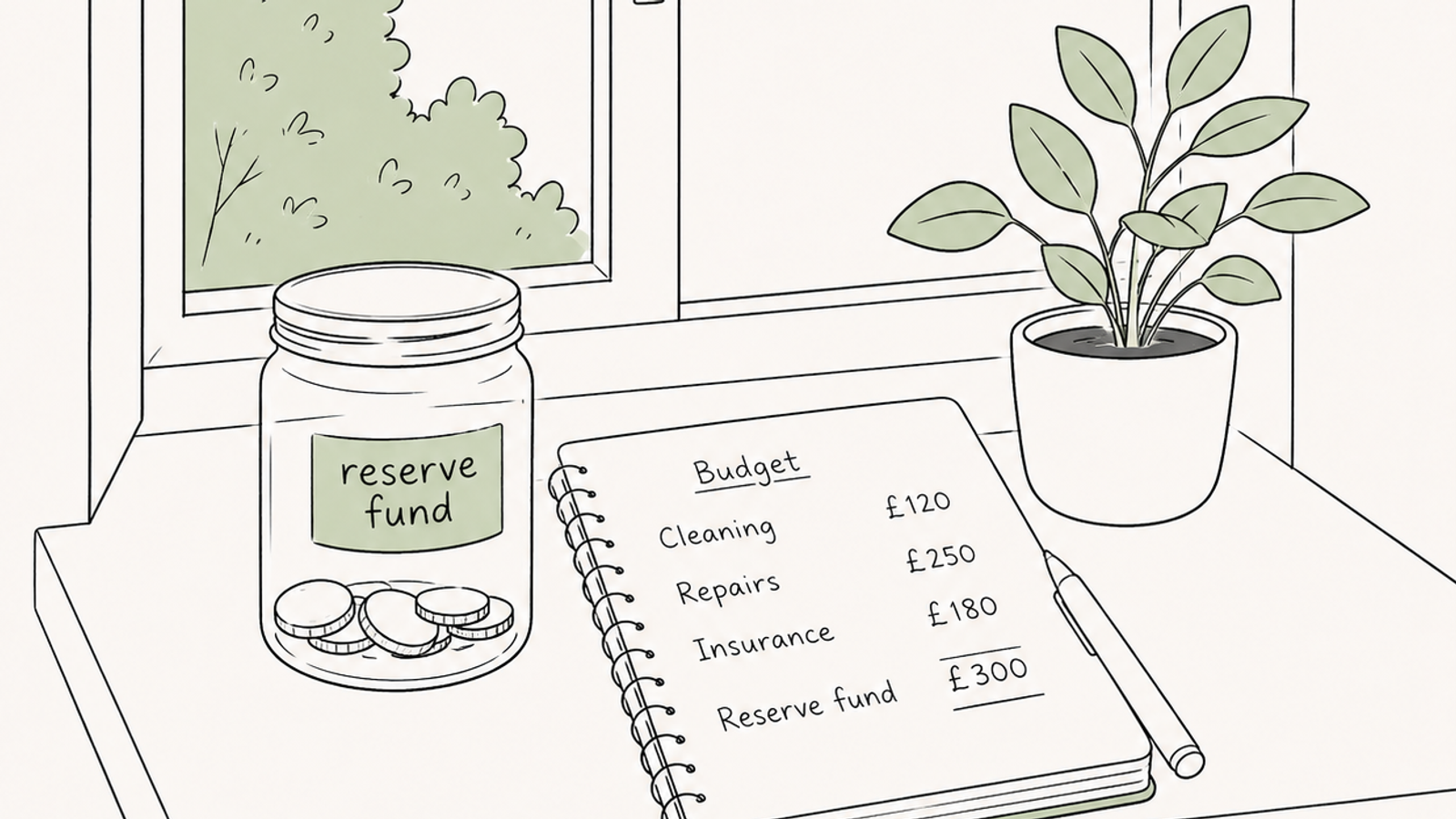 Line illustration of a service charge budget notebook and a reserve fund jar of coins on a windowsill