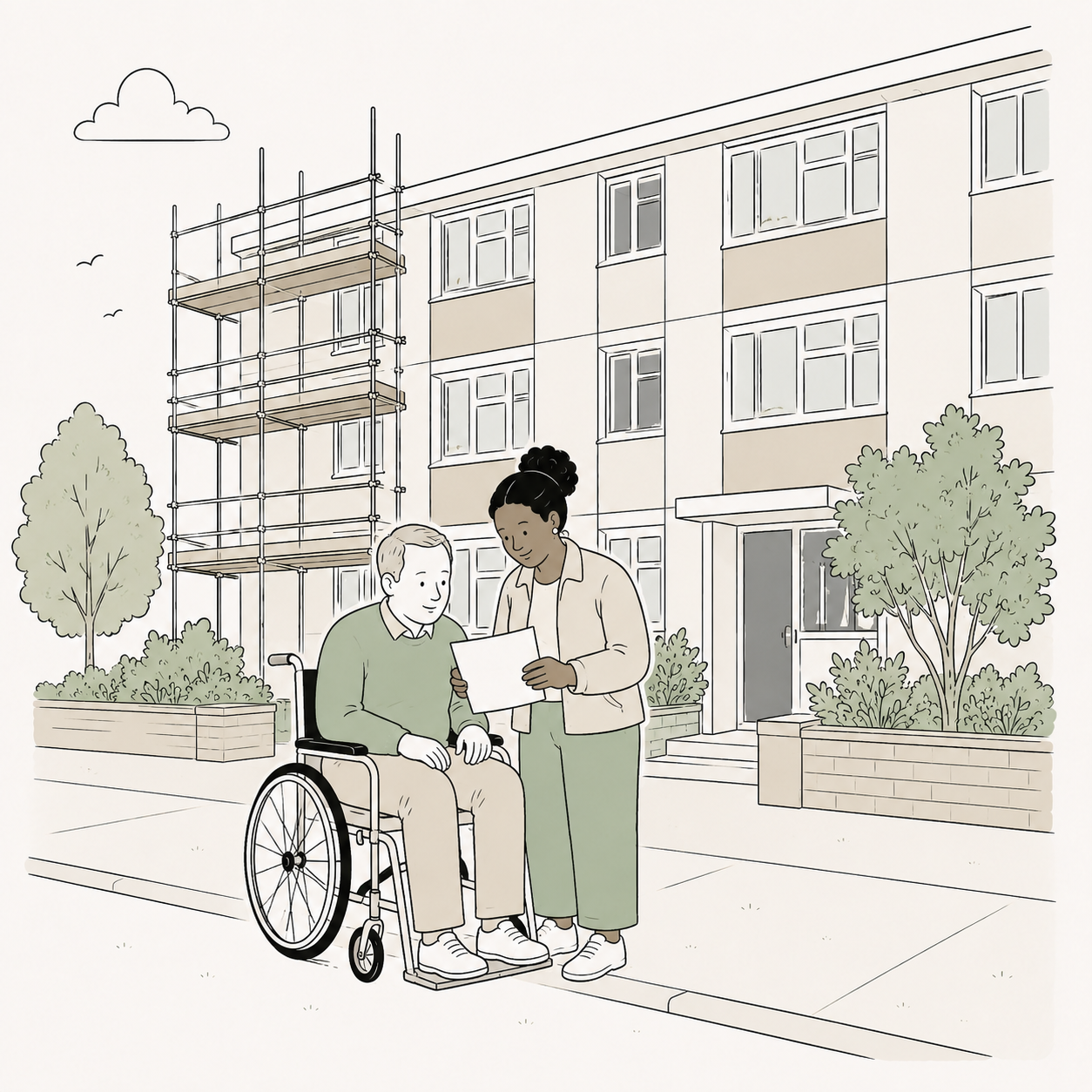 Line illustration of two residents reading a Section 20 notice outside their block of flats with scaffolding