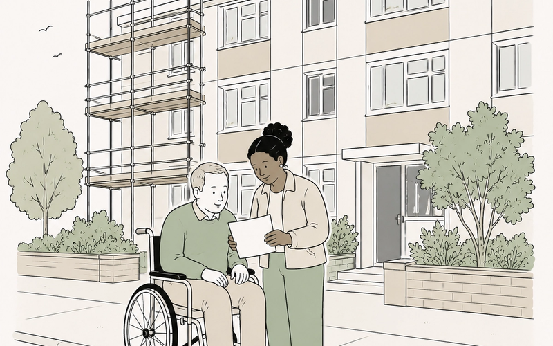 Line illustration of two residents reading a Section 20 notice outside their block of flats with scaffolding