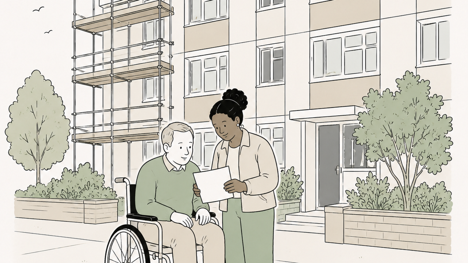 Line illustration of two residents reading a Section 20 notice outside their block of flats with scaffolding