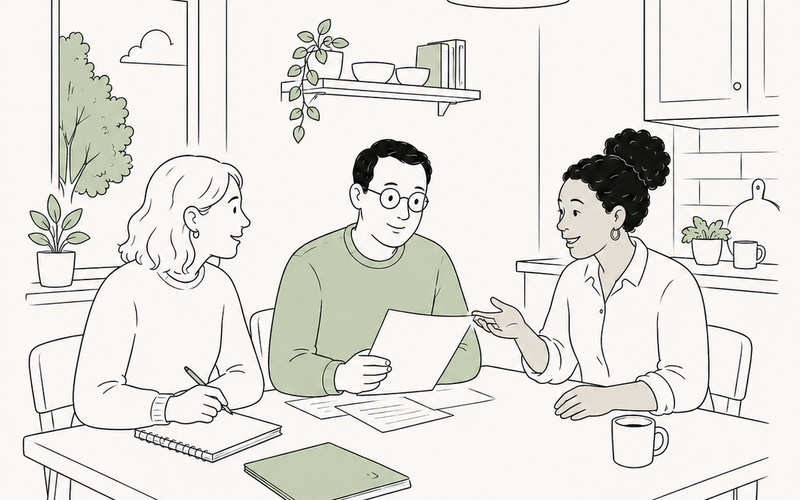 Line illustration of RTM company directors going over company paperwork at a table