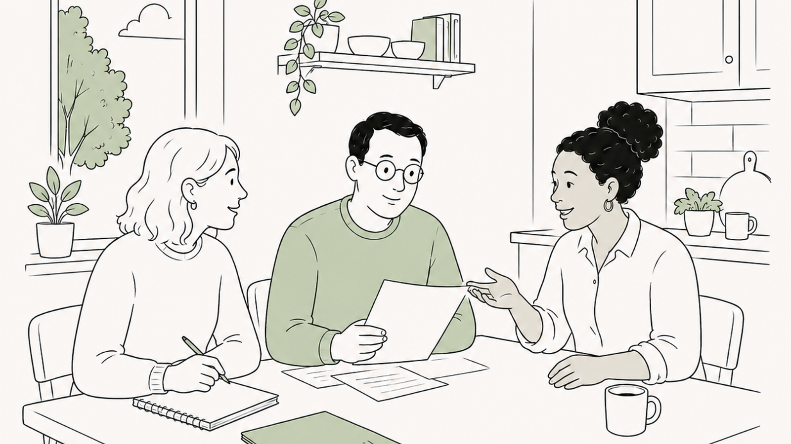 Line illustration of RTM company directors going over company paperwork at a table