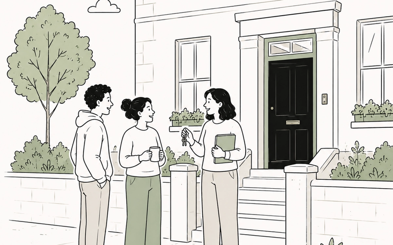 Line illustration of a Right to Manage director holding keys and a folder, talking with two neighbours outside a block of flats
