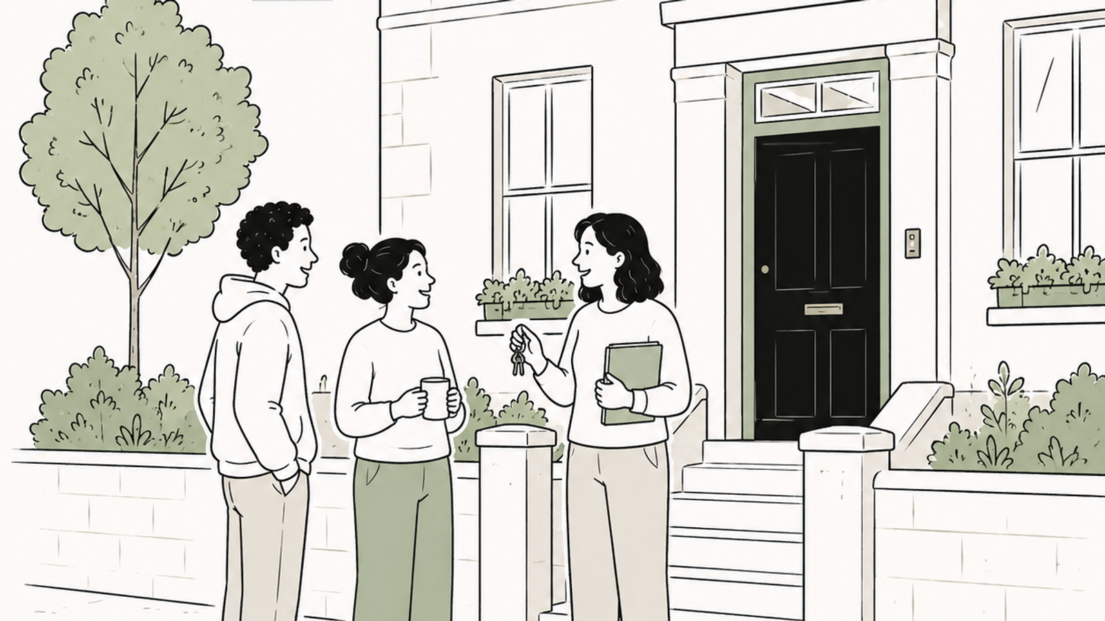 Line illustration of a Right to Manage director holding keys and a folder, talking with two neighbours outside a block of flats