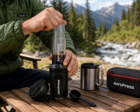 AeroPress Go Plus, Small Portable Coffee Maker Kit, Travel, Camping & Office, All-in-One French Press, Pour-Over & Espresso Style Manual Brewer, 2 Min Brew for Less Bitterness,