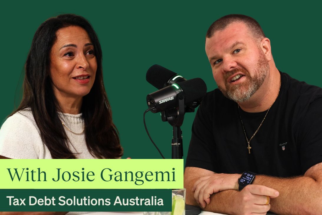 A woman and a man sit with microphones, with text "With Josie Gangemi Tax Debt Solutions Australia" at the bottom.