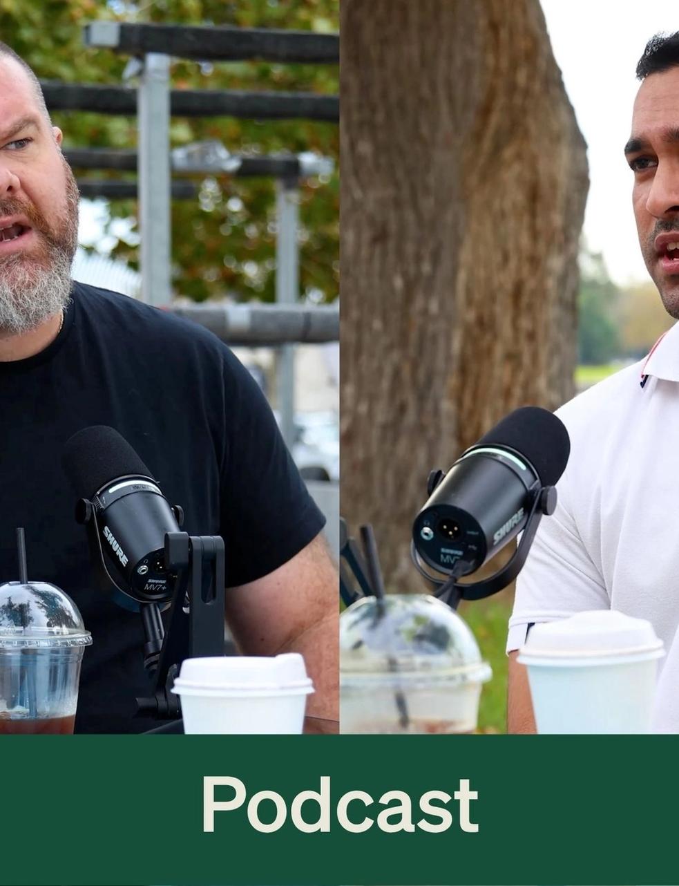 Two men speaking into microphones outdoors, with drinks, and the word "Podcast" on a green banner below.