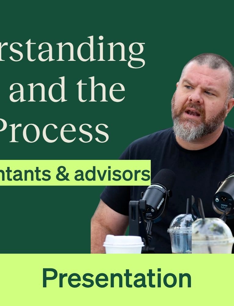 Two men with microphones presenting on "Understanding DPNs and the SBR Process for accountants & advisors."