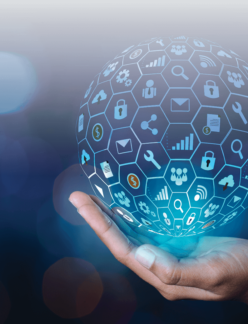 a person holding a sphere with icons on it