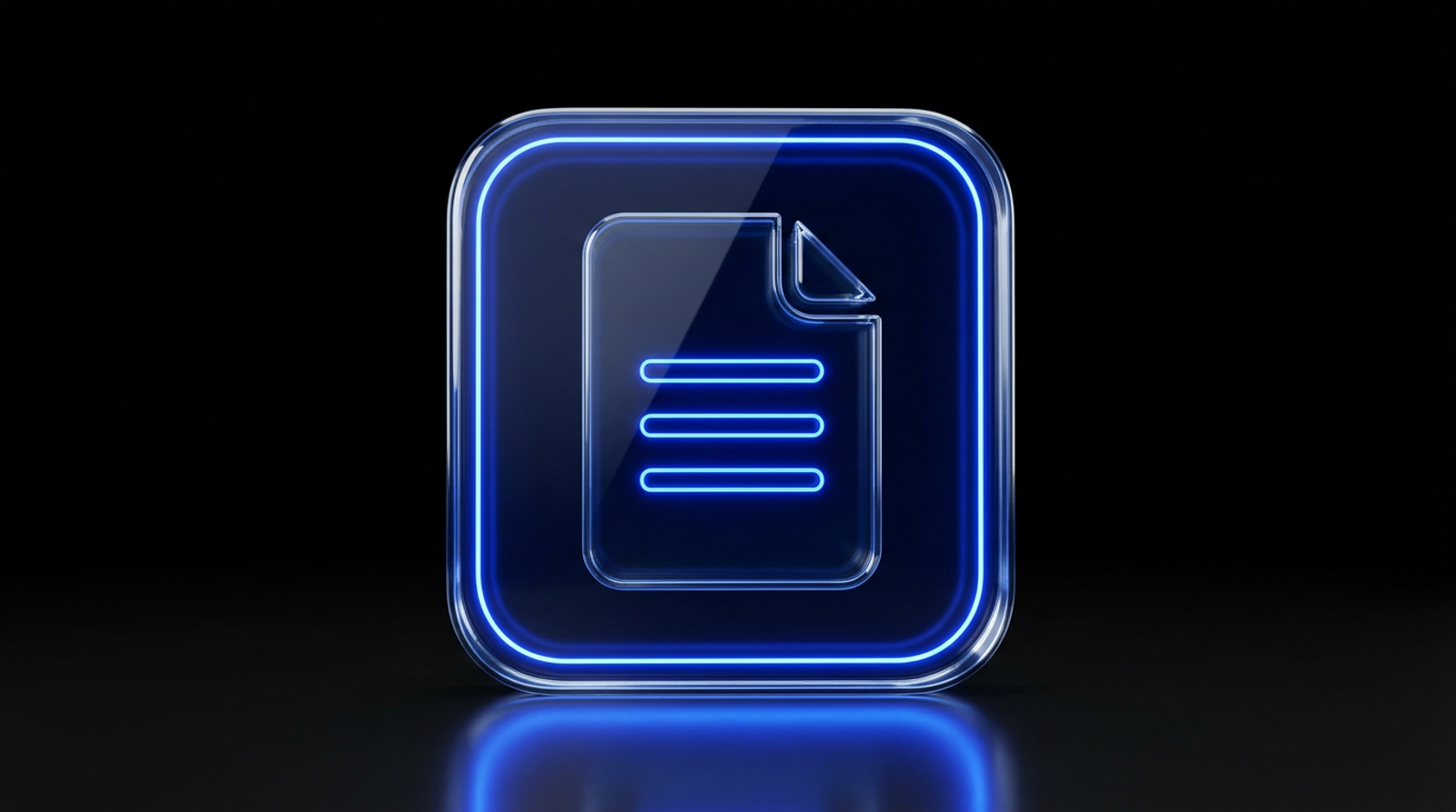 Stacked glass document sheets lit blue on black