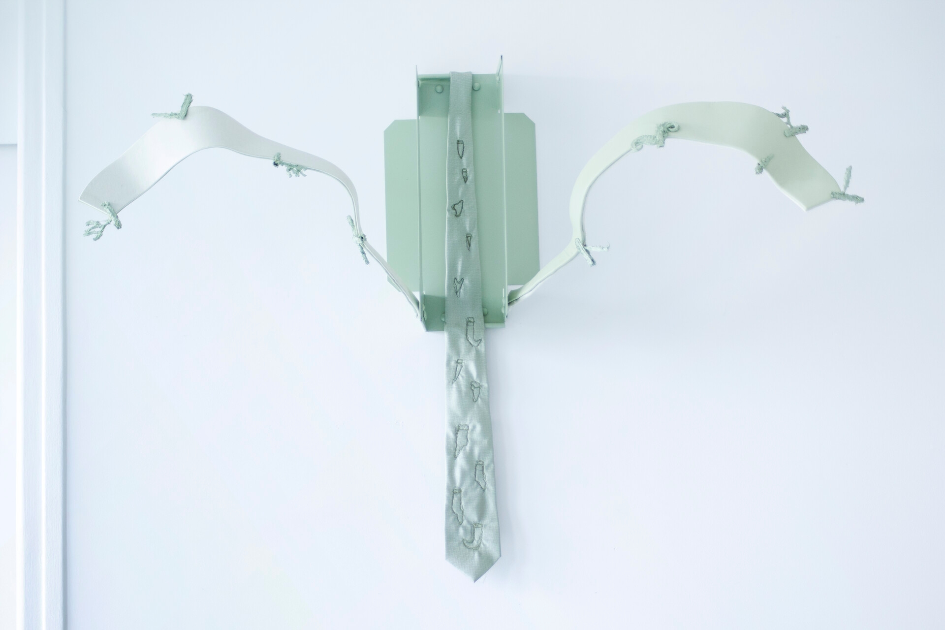 teeth and ties 2, 110×77×33cm, 2022, Acrylic paint, Fabric, Leather, Metal, Silicone, Thread
