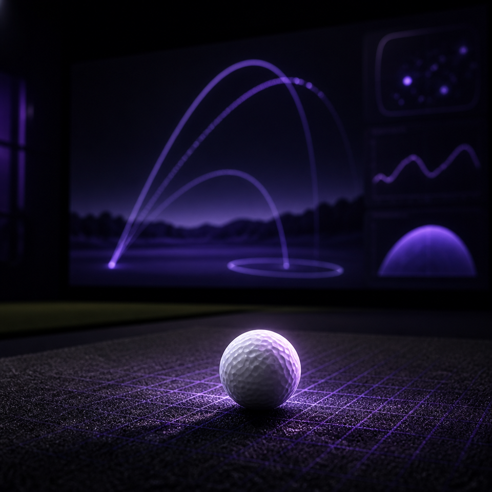 Golf ball on an indoor simulator mat with purple training graphics.