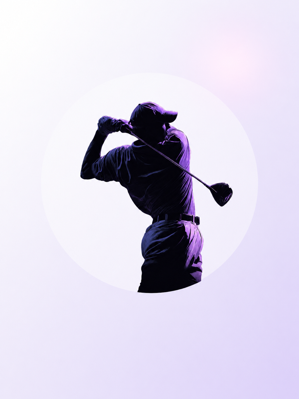 Purple-lit golfer following through against a soft lilac and white campaign background.
