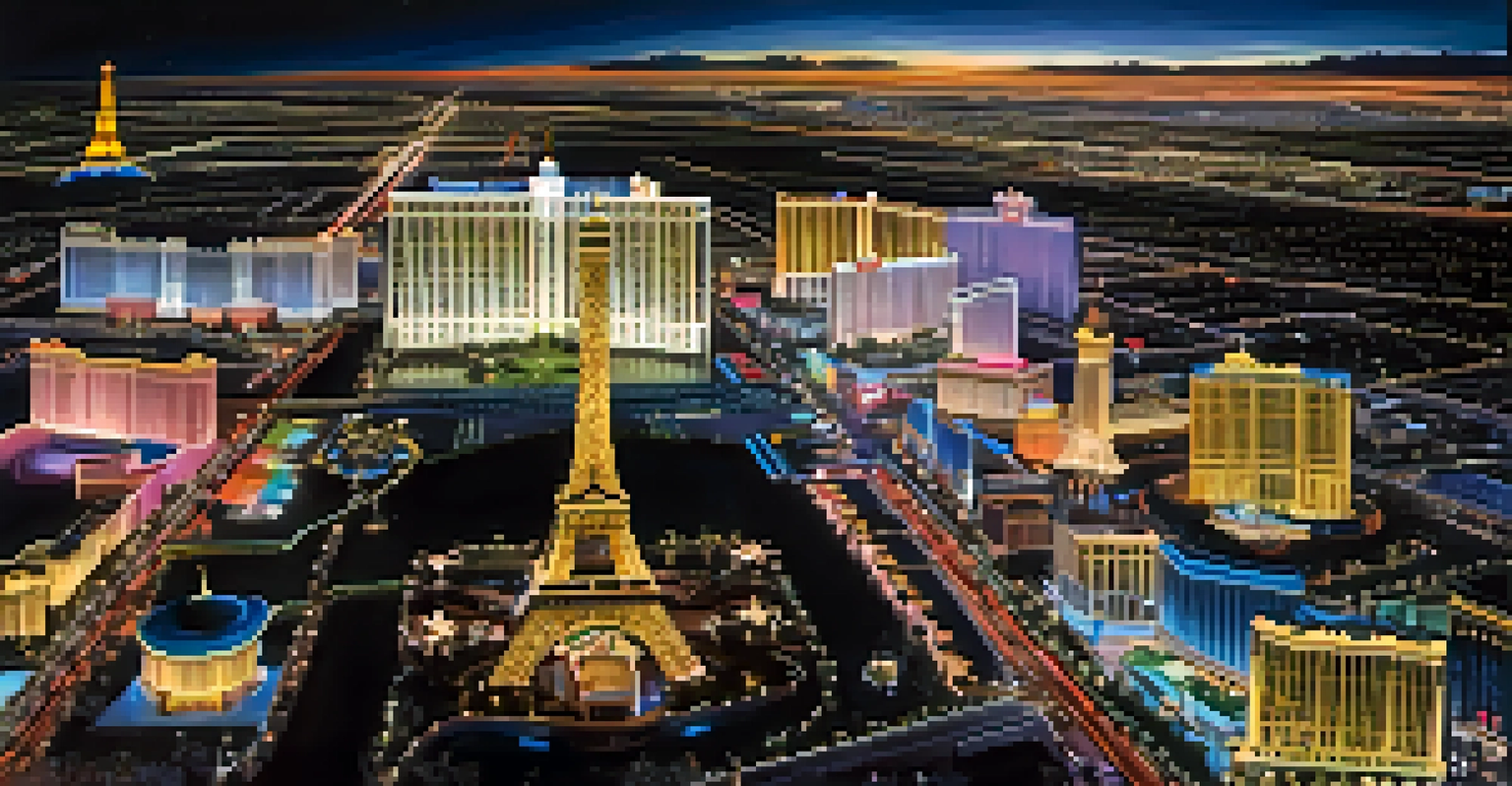 An aerial nighttime view of the Las Vegas Strip featuring bright lights and famous landmarks.