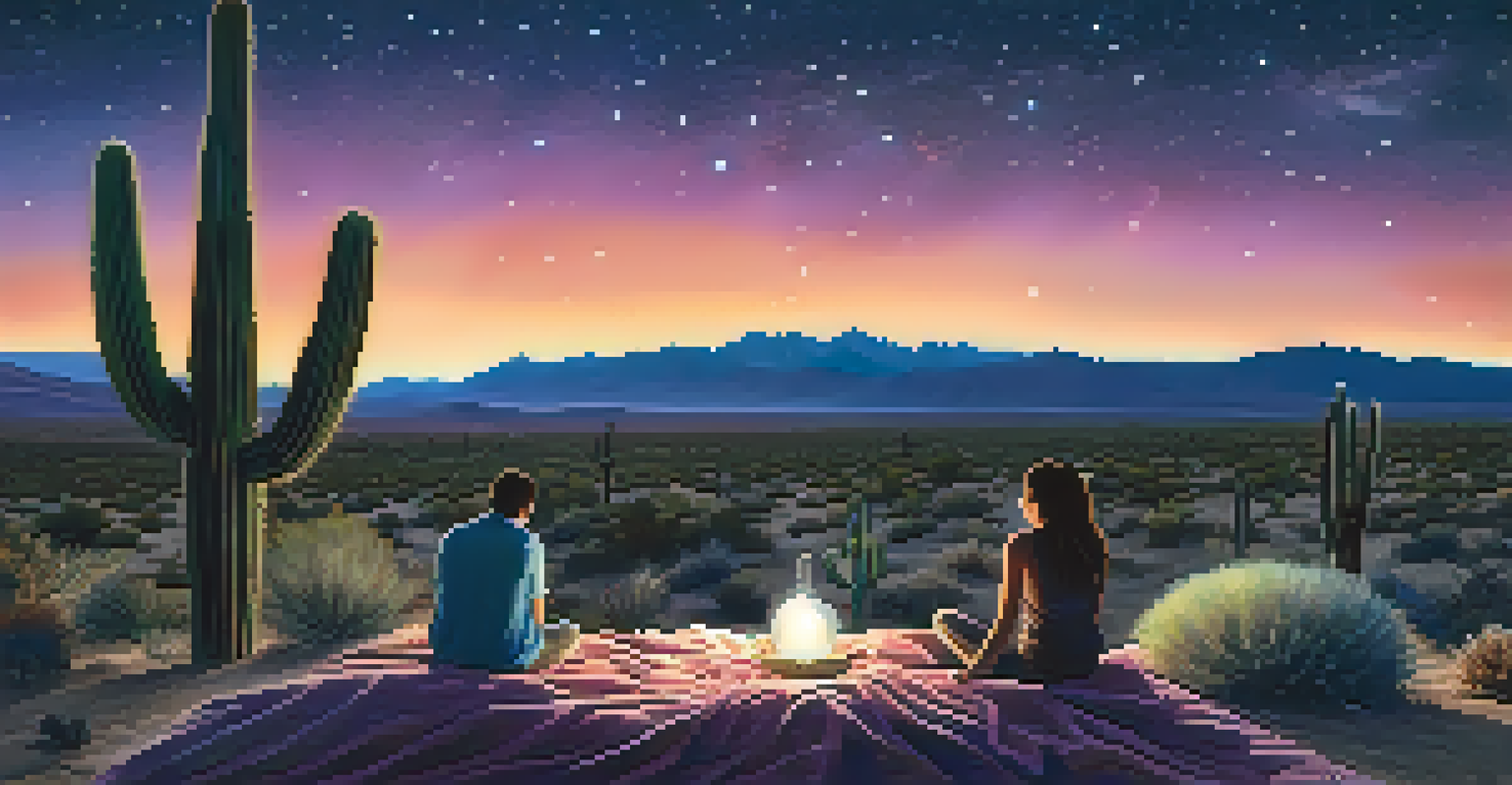 A couple stargazing under a clear night sky filled with stars and the Milky Way in the Nevada desert.