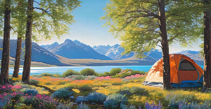 A peaceful campsite in spring with colorful wildflowers, a tent by a lake, and mountains in the background under a sunny sky.