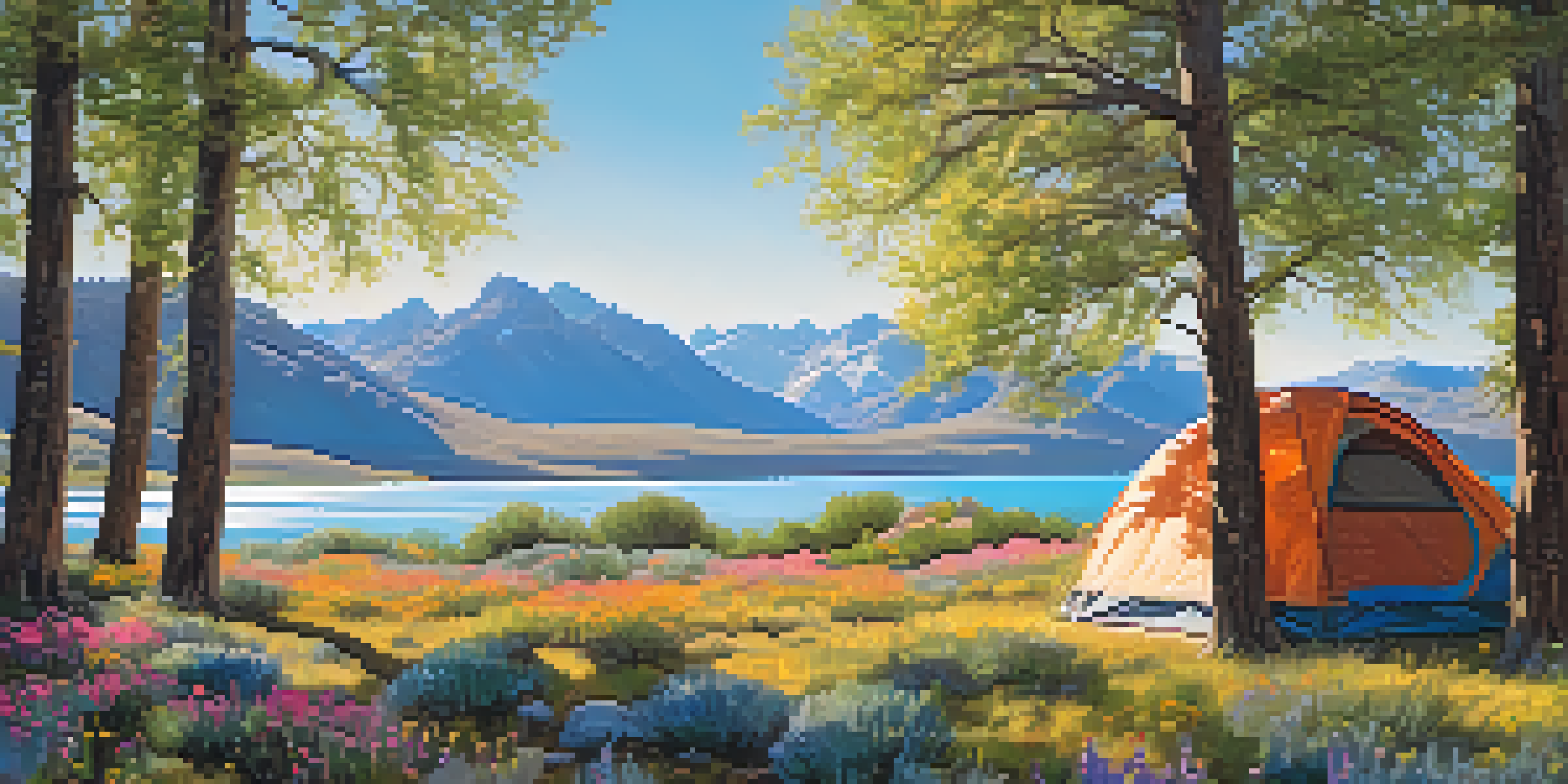 A peaceful campsite in spring with colorful wildflowers, a tent by a lake, and mountains in the background under a sunny sky.