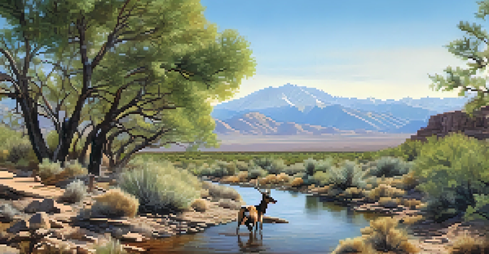 A serene wildlife corridor in Nevada, showcasing a mule deer crossing a bridge between a desert and a forest.