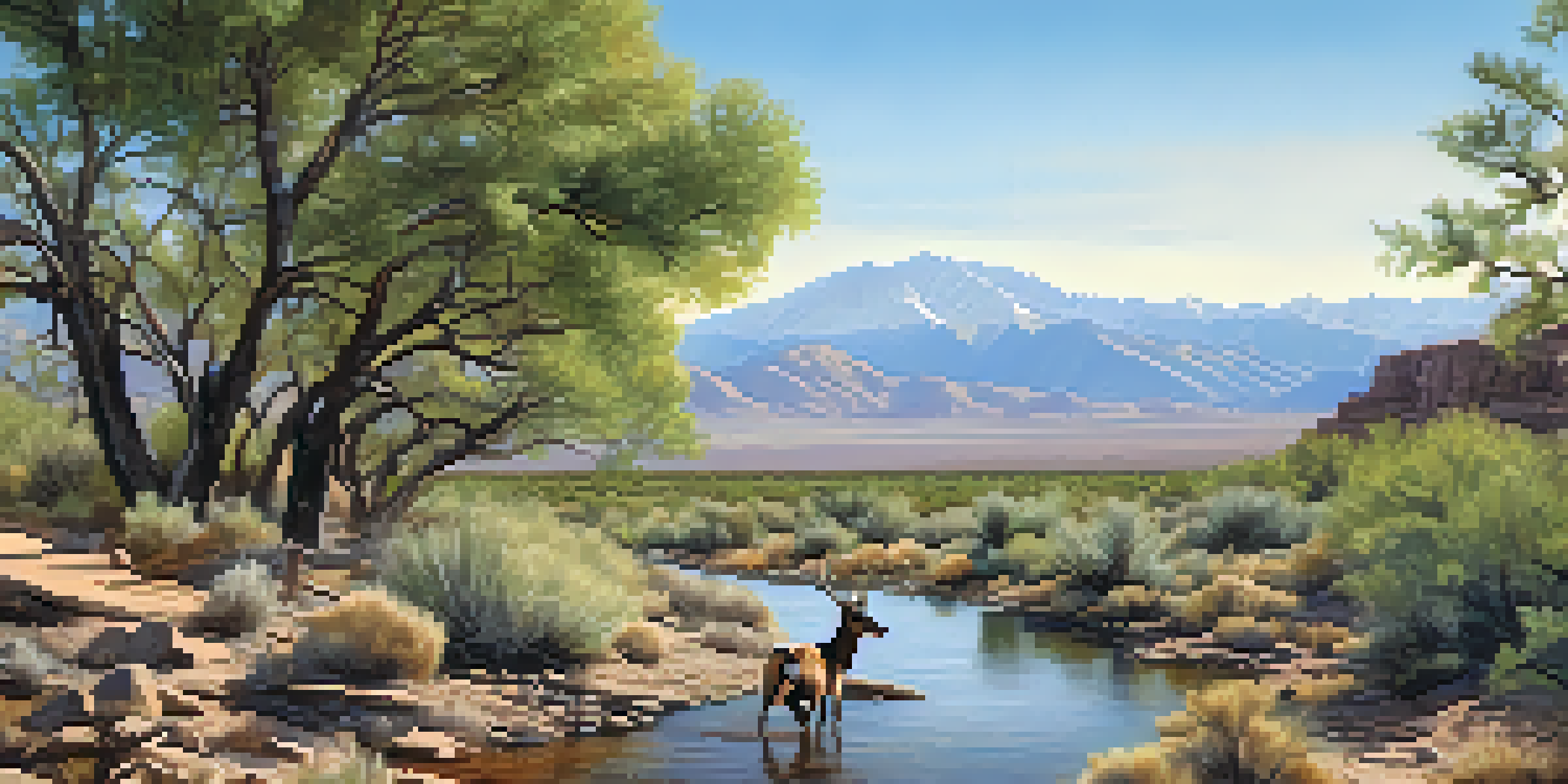 A serene wildlife corridor in Nevada, showcasing a mule deer crossing a bridge between a desert and a forest.