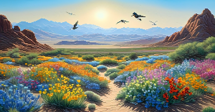 A colorful spring desert landscape filled with blooming wildflowers and distant mountains under a clear blue sky.