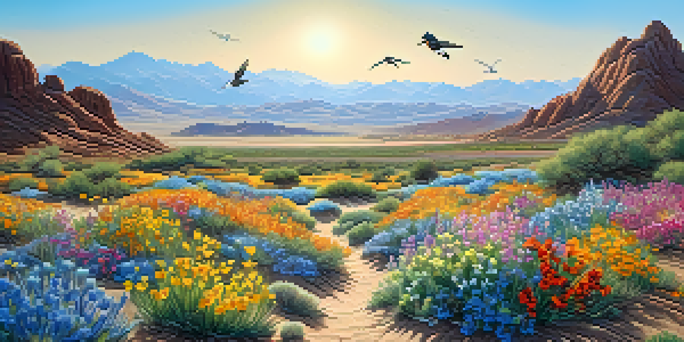 A colorful spring desert landscape filled with blooming wildflowers and distant mountains under a clear blue sky.