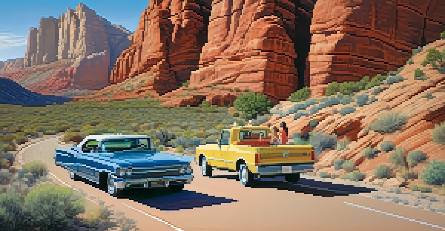 A scenic drive in Red Rock Canyon with a family having a picnic, surrounded by stunning red rock formations.