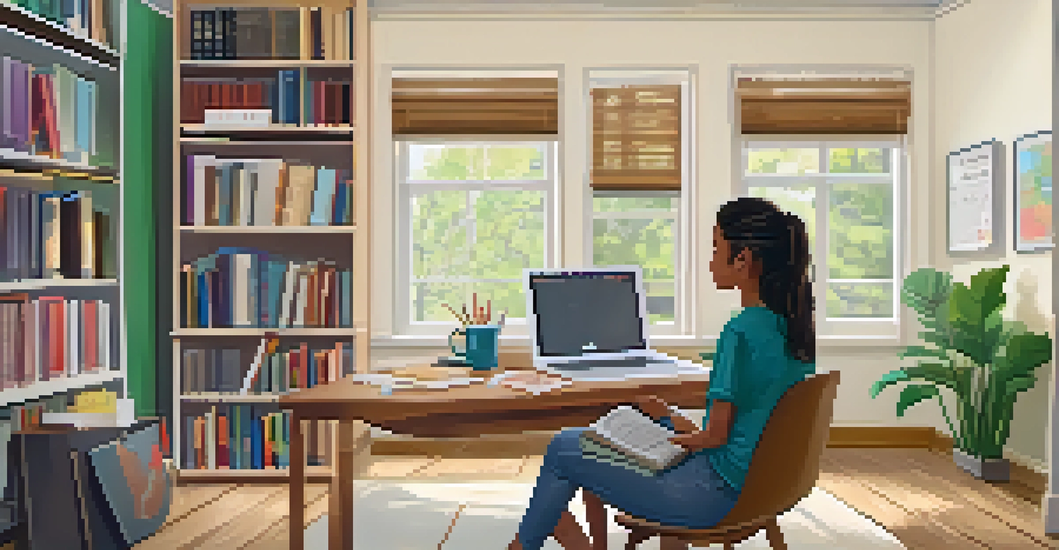 A student engaged in online learning at a desk with a laptop, surrounded by a cozy room filled with books and educational decorations.