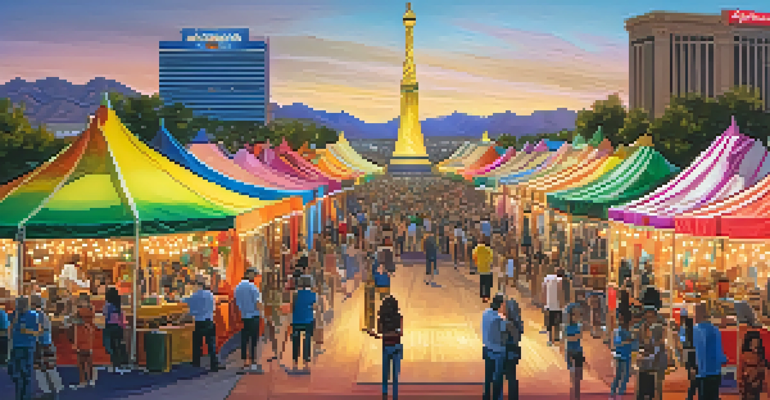 An outdoor arts festival in Las Vegas with colorful tents, local artists, performances, food stalls, and fairy lights creating a warm atmosphere.
