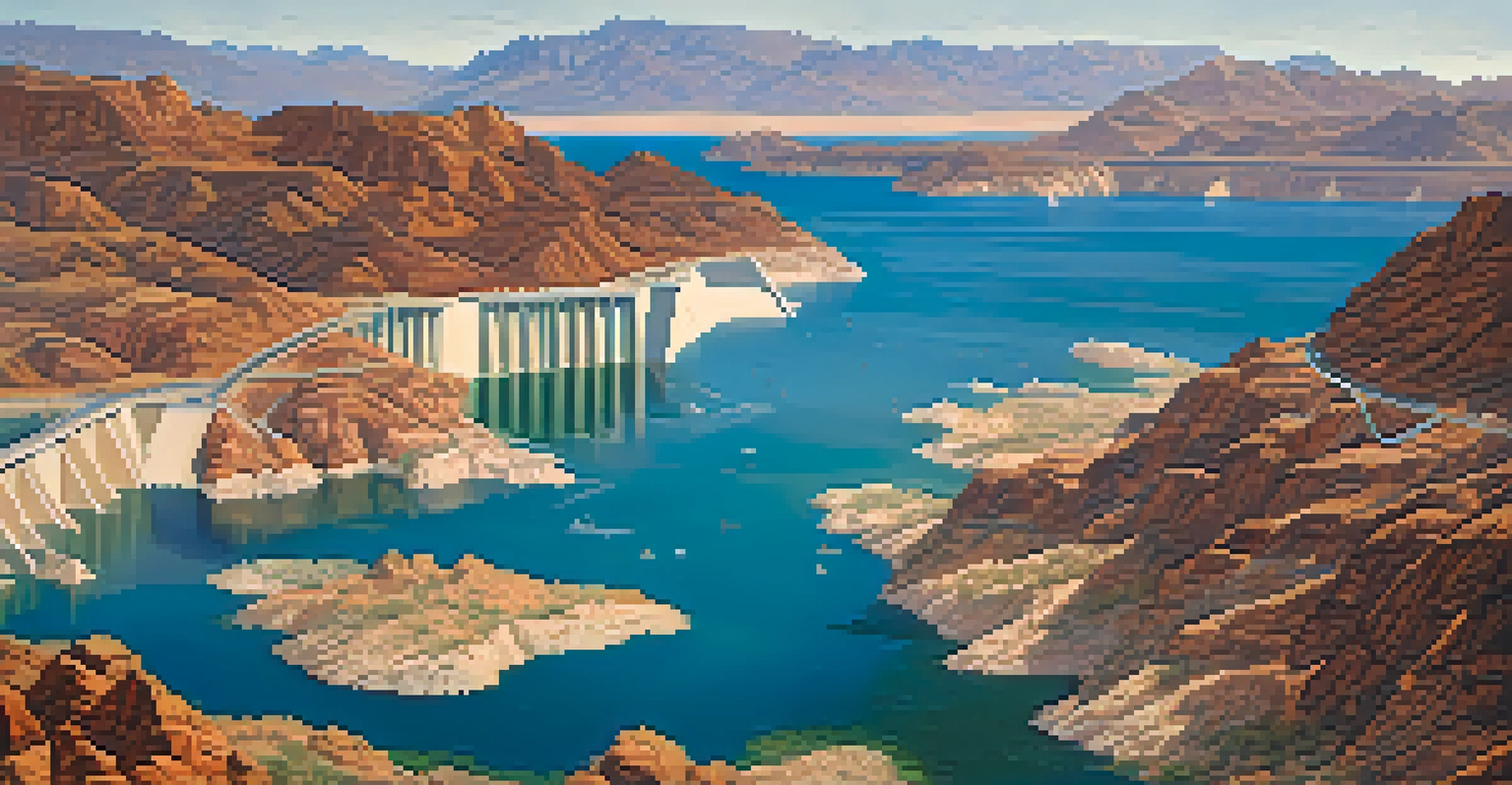 Aerial view of Lake Mead with boats and anglers, featuring the Hoover Dam in the background.