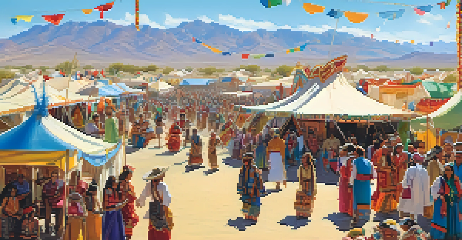 A cultural festival in Nevada with people in traditional attire, crafts, and dance, set against a desert landscape under a clear blue sky.