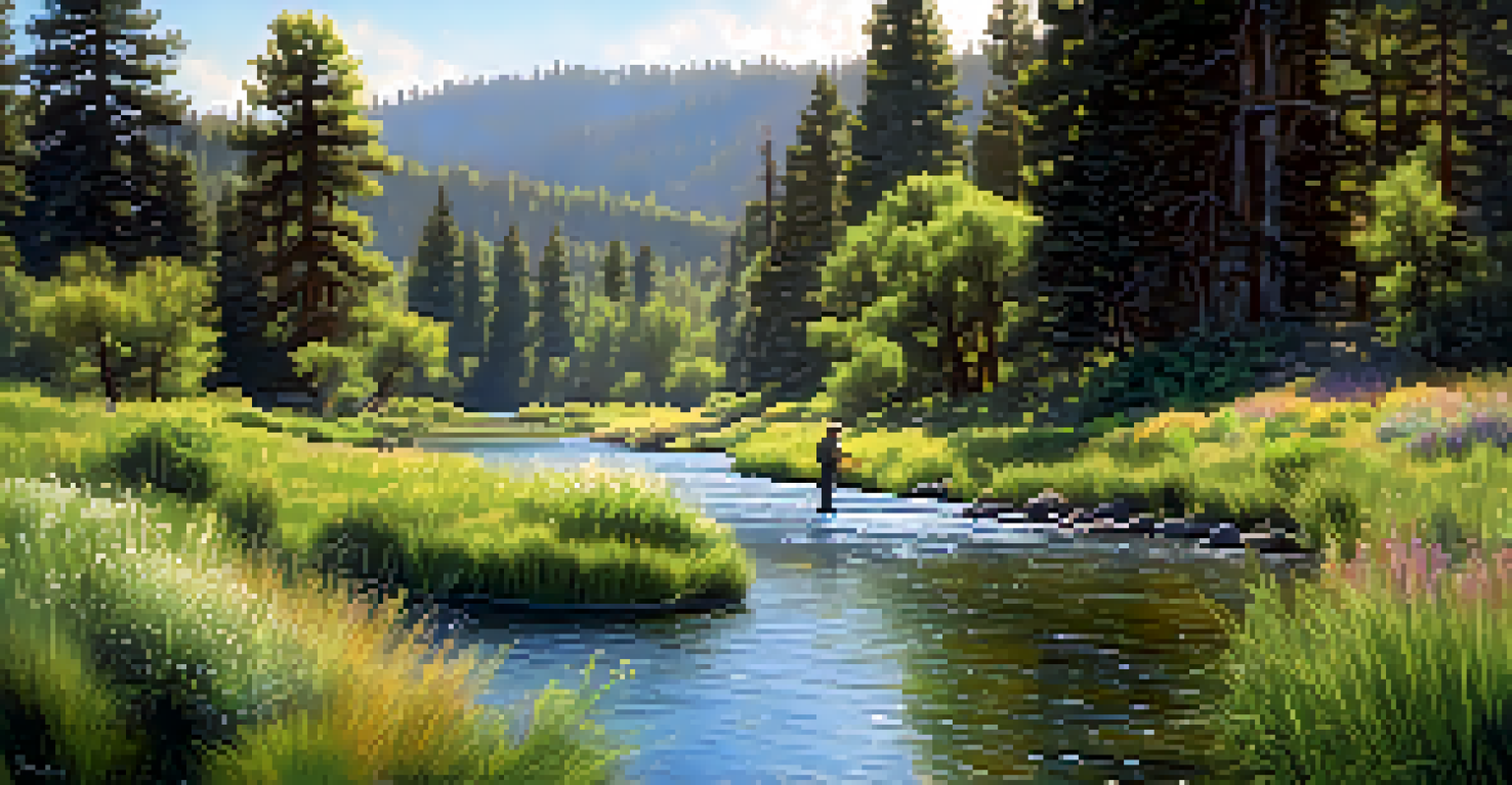 A fly fisherman casting in the Truckee River, surrounded by a lush valley with wildflowers and trees.