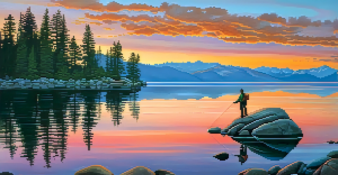 A tranquil sunrise over Lake Tahoe with a fisherman casting his line, surrounded by pine trees.
